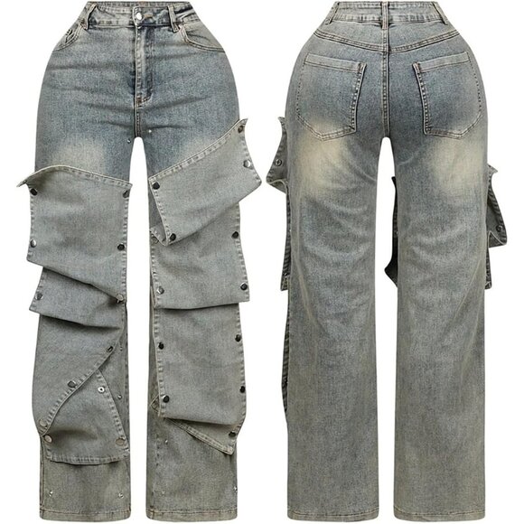 Women Cargo Jeans High Waisted Straight Wide Leg Denim Pants Casual Trendy - Picture 6 of 6